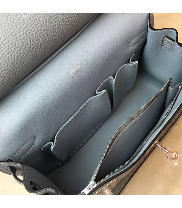 Hermes Small Jypsiere Grey Blue Original Litchi Veins Calfskin Leather Messenger Bag Silver Metal