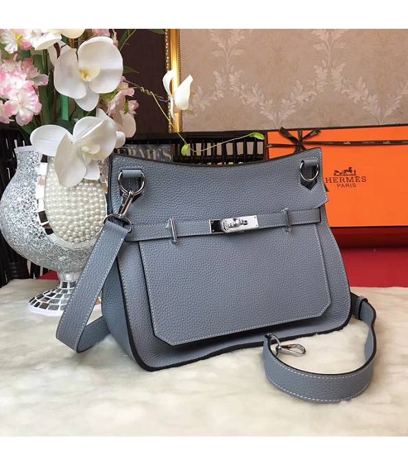 Hermes Small Jypsiere Grey Blue Original Litchi Veins Calfskin Leather Messenger Bag Silver Metal