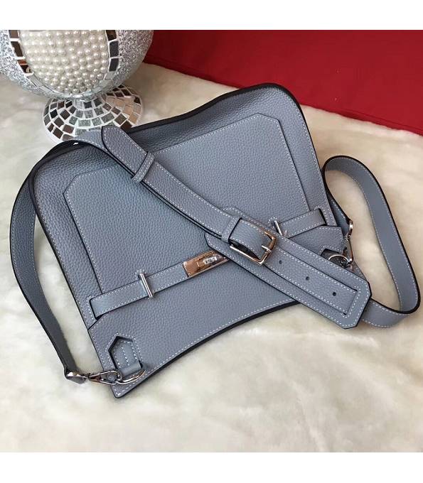 Hermes Small Jypsiere Grey Blue Original Litchi Veins Calfskin Leather Messenger Bag Silver Metal