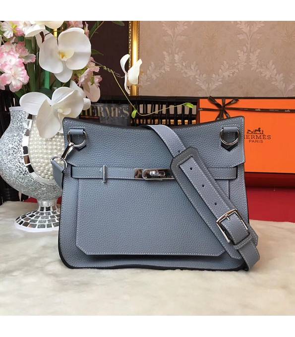 Hermes Small Jypsiere Grey Blue Original Litchi Veins Calfskin Leather Messenger Bag Silver Metal