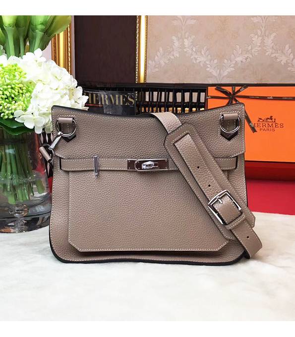 Hermes Small Jypsiere Elephant Grey Original Litchi Veins Calfskin Leather Messenger Bag Silver Metal