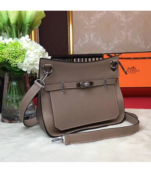 Hermes Small Jypsiere Elephant Grey Original Litchi Veins Calfskin Leather Messenger Bag Silver Metal