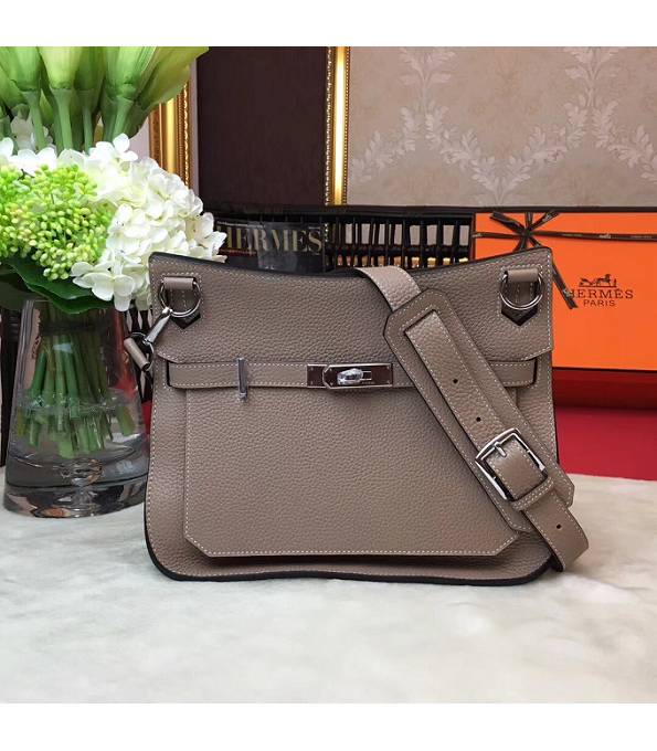 Hermes Small Jypsiere Elephant Grey Original Litchi Veins Calfskin Leather Messenger Bag Silver Metal