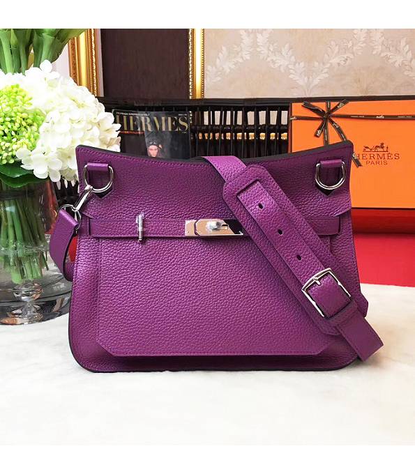 Hermes Small Jypsiere Actinia Purple Original Litchi Veins Calfskin Leather Messenger Bag Silver Metal