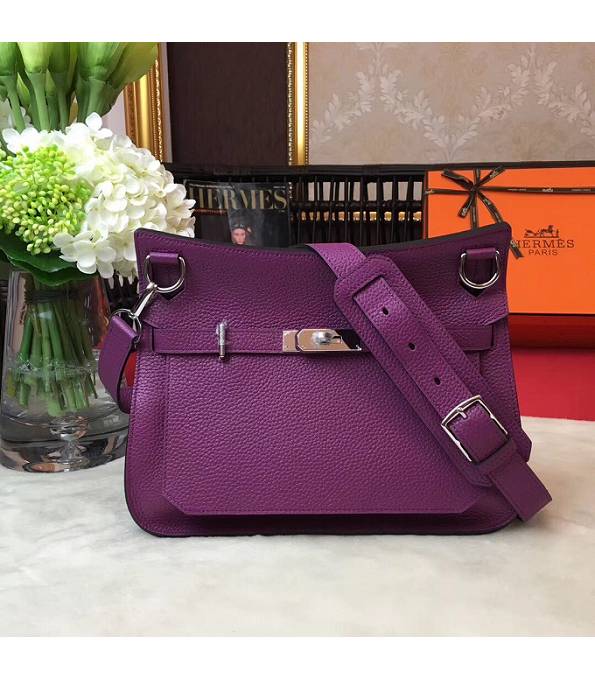Hermes Small Jypsiere Actinia Purple Original Litchi Veins Calfskin Leather Messenger Bag Silver Metal