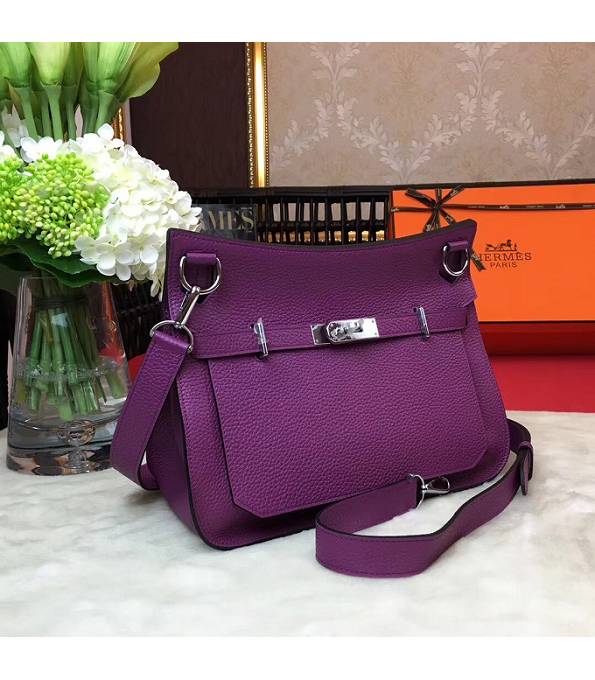 Hermes Small Jypsiere Actinia Purple Original Litchi Veins Calfskin Leather Messenger Bag Silver Metal