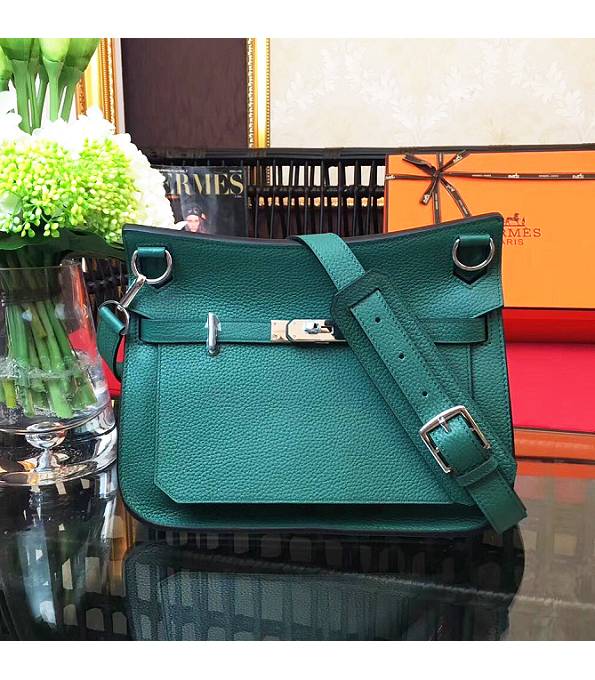 Hermes Small Jypsiere Dark Green Original Litchi Veins Calfskin Leather Messenger Bag Silver Metal