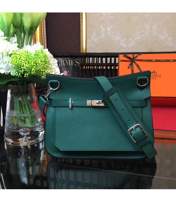 Hermes Small Jypsiere Dark Green Original Litchi Veins Calfskin Leather Messenger Bag Silver Metal