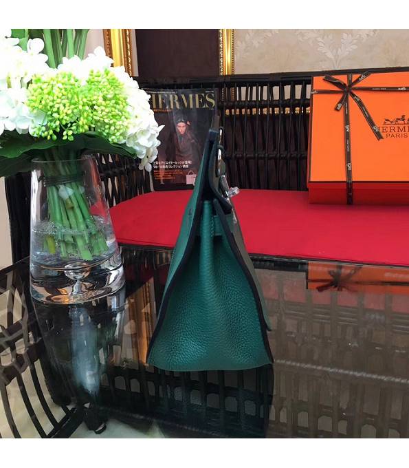 Hermes Small Jypsiere Dark Green Original Litchi Veins Calfskin Leather Messenger Bag Silver Metal