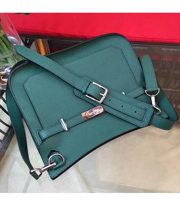 Hermes Small Jypsiere Dark Green Original Litchi Veins Calfskin Leather Messenger Bag Silver Metal
