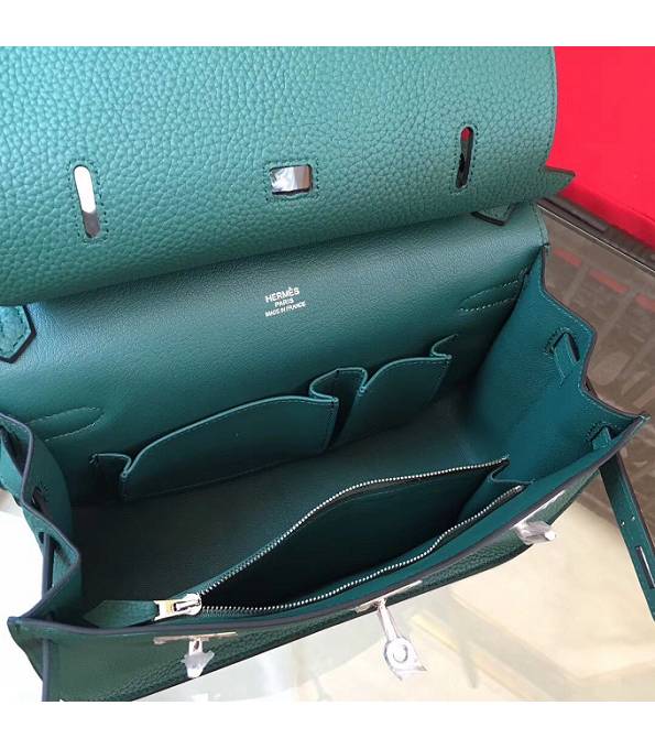 Hermes Small Jypsiere Dark Green Original Litchi Veins Calfskin Leather Messenger Bag Silver Metal