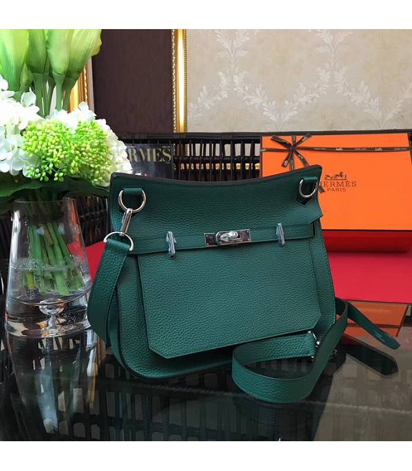 Hermes Small Jypsiere Dark Green Original Litchi Veins Calfskin Leather Messenger Bag Silver Metal