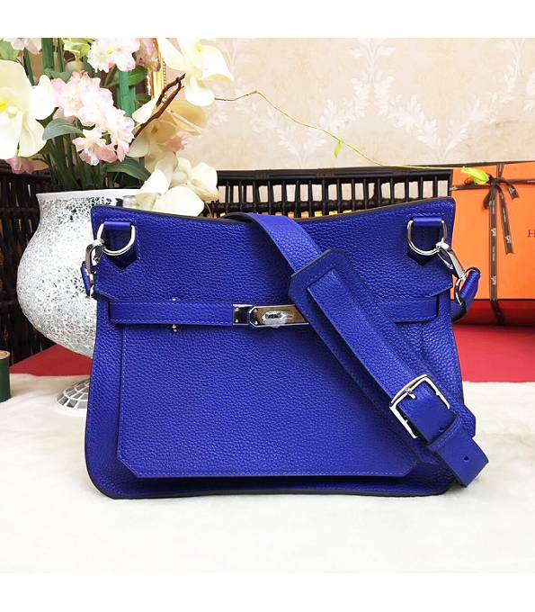 Hermes Small Jypsiere Electric Blue Original Litchi Veins Calfskin Leather Messenger Bag Silver Metal