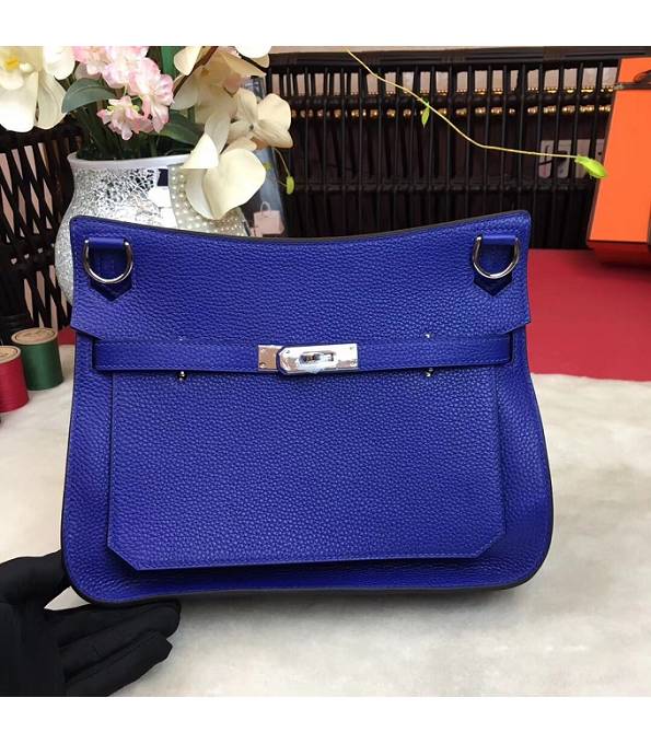 Hermes Small Jypsiere Electric Blue Original Litchi Veins Calfskin Leather Messenger Bag Silver Metal