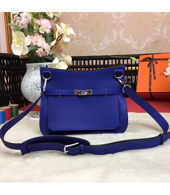 Hermes Small Jypsiere Electric Blue Original Litchi Veins Calfskin Leather Messenger Bag Silver Metal