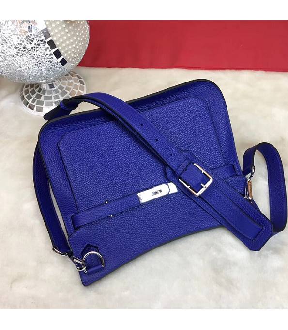 Hermes Small Jypsiere Electric Blue Original Litchi Veins Calfskin Leather Messenger Bag Silver Metal