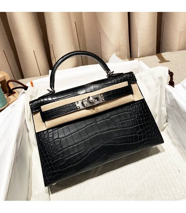 Hermes Kelly 19cm Bag Black Real Croc Leather Silver Metal