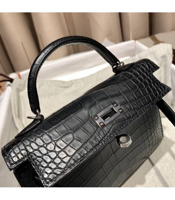Hermes Kelly 19cm Bag Black Real Croc Leather Silver Metal