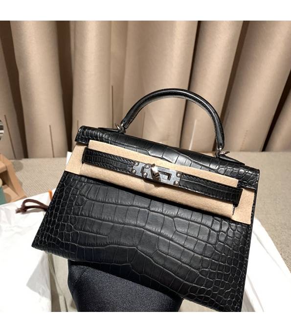 Hermes Kelly 19cm Bag Black Real Croc Leather Silver Metal