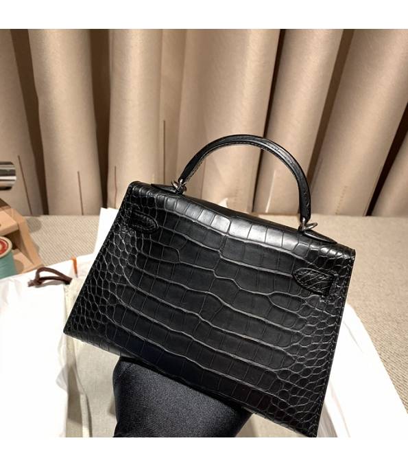Hermes Kelly 19cm Bag Black Real Croc Leather Silver Metal