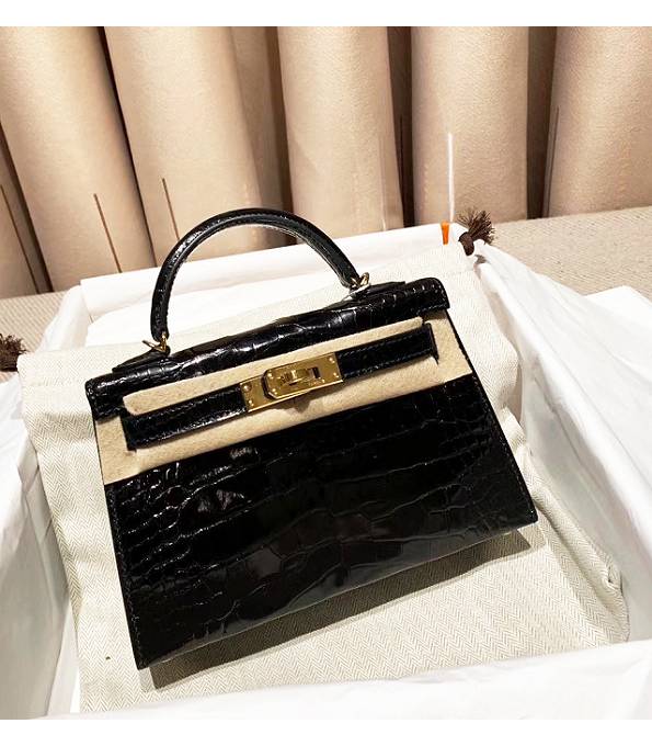 Hermes Kelly 19cm Bag Black Real Croc Leather Golden Metal