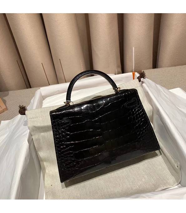 Hermes Kelly 19cm Bag Black Real Croc Leather Golden Metal