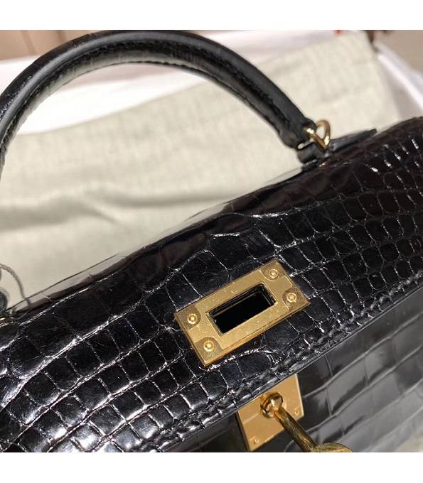 Hermes Kelly 19cm Bag Black Real Croc Leather Golden Metal