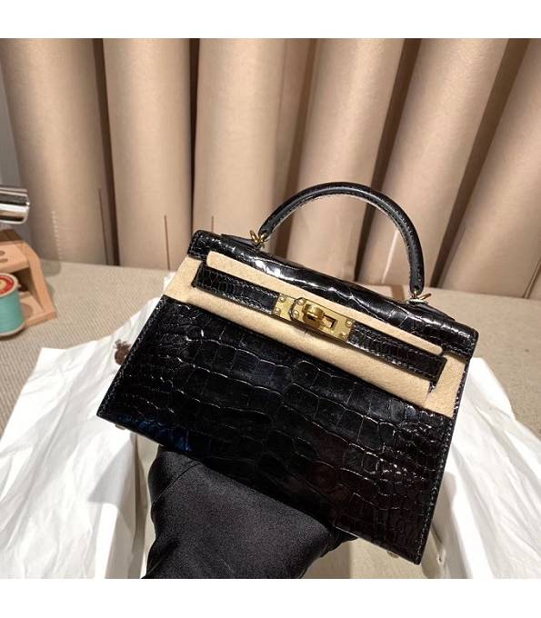 Hermes Kelly 19cm Bag Black Real Croc Leather Golden Metal
