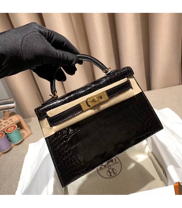 Hermes Kelly 19cm Bag Black Real Croc Leather Golden Metal