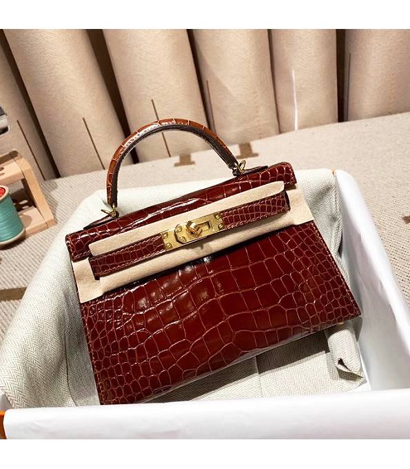 Hermes Kelly 19cm Bag Brown Red Real Croc Leather Golden Metal