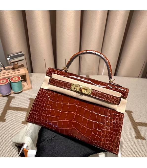 Hermes Kelly 19cm Bag Brown Red Real Croc Leather Golden Metal