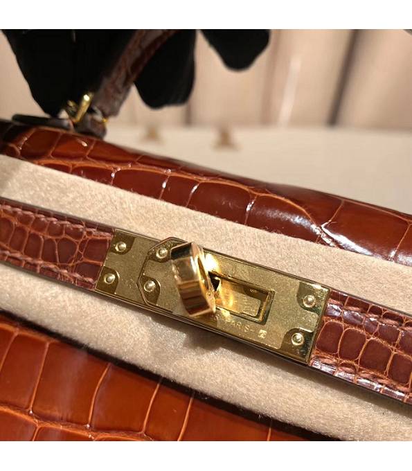 Hermes Kelly 19cm Bag Brown Red Real Croc Leather Golden Metal