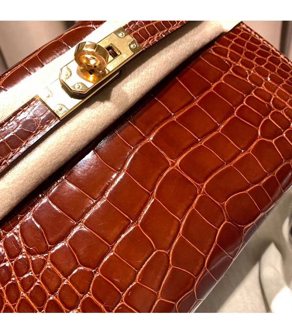 Hermes Kelly 19cm Bag Brown Red Real Croc Leather Golden Metal