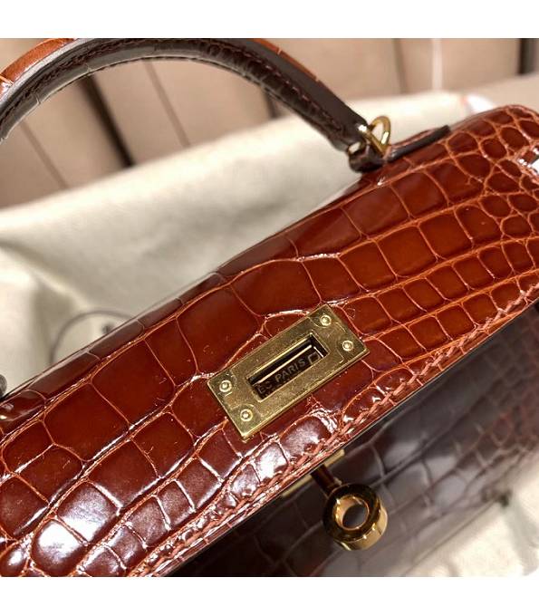 Hermes Kelly 19cm Bag Brown Red Real Croc Leather Golden Metal
