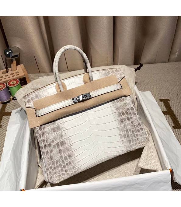 Hermes Birkin 25cm Bag White Real Croc Leather Silver Metal