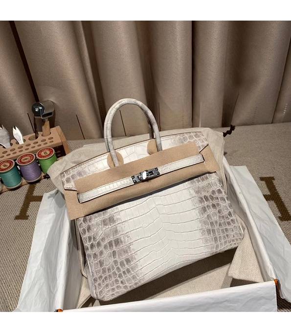 Hermes Birkin 25cm Bag White Real Croc Leather Silver Metal