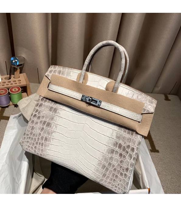 Hermes Birkin 25cm Bag White Real Croc Leather Silver Metal