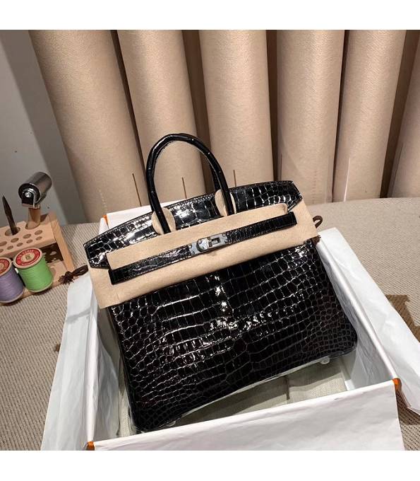 Hermes Birkin 25cm Bag Black Real Croc Leather Silver Metal