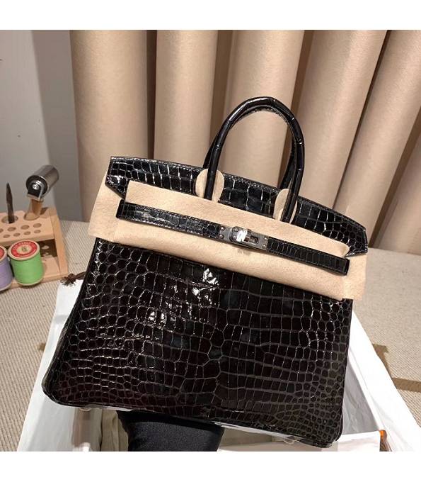 Hermes Birkin 25cm Bag Black Real Croc Leather Silver Metal