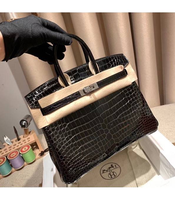 Hermes Birkin 25cm Bag Black Real Croc Leather Silver Metal