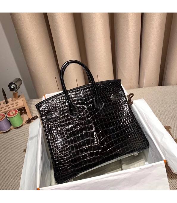 Hermes Birkin 25cm Bag Black Real Croc Leather Silver Metal