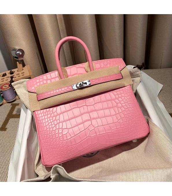 Hermes Birkin 25cm Bag Cherry Pink Real Croc Leather Silver Metal