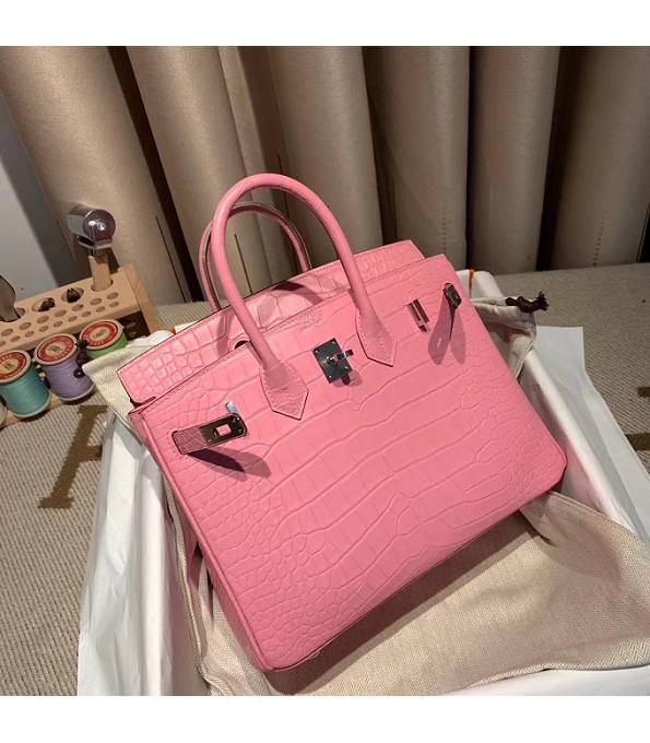 Hermes Birkin 25cm Bag Cherry Pink Real Croc Leather Silver Metal