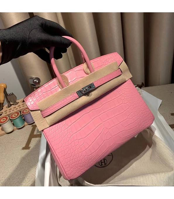 Hermes Birkin 25cm Bag Cherry Pink Real Croc Leather Silver Metal