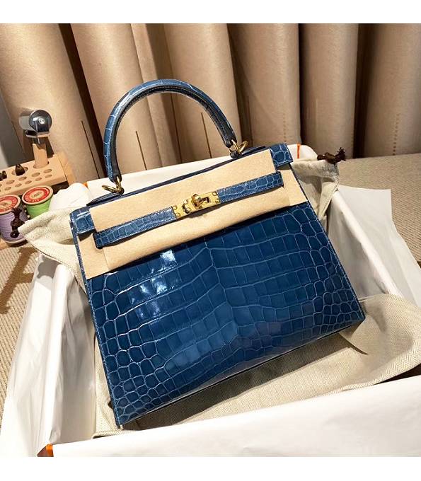 Hermes Birkin 25cm Bag Colvert Blue Real Croc Leather Golden Metal