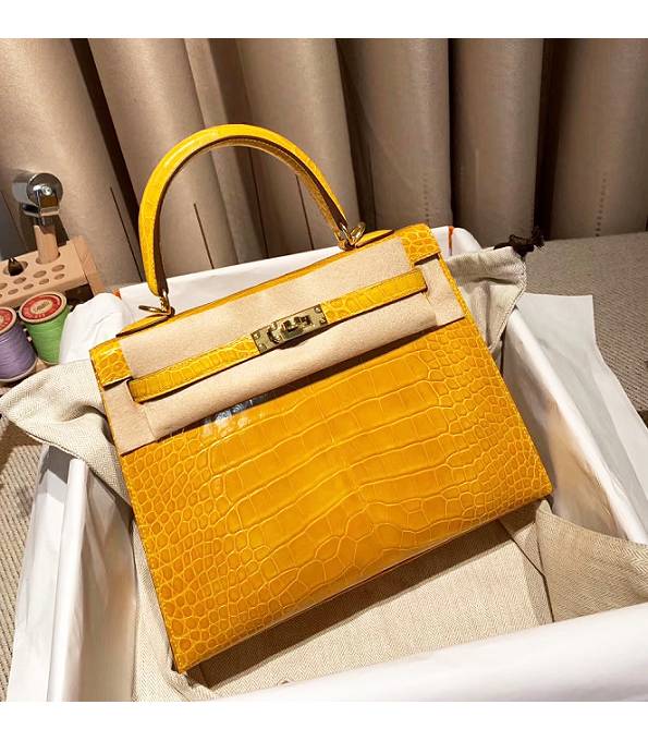 Hermes Birkin 25cm Bag Amber Yellow Real Croc Leather Golden Metal