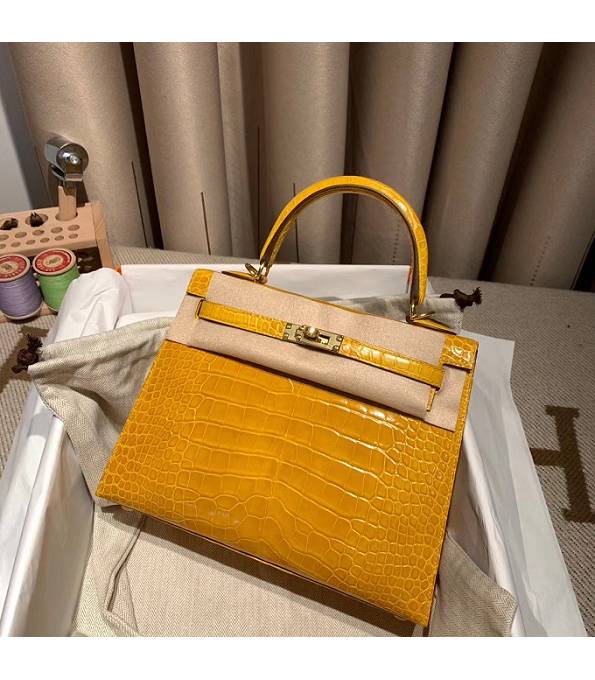 Hermes Birkin 25cm Bag Amber Yellow Real Croc Leather Golden Metal