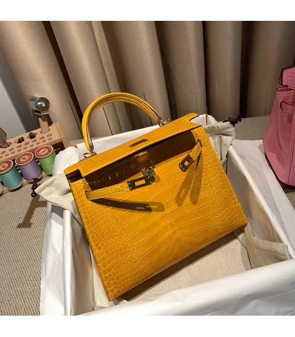 Hermes Birkin 25cm Bag Amber Yellow Real Croc Leather Golden Metal