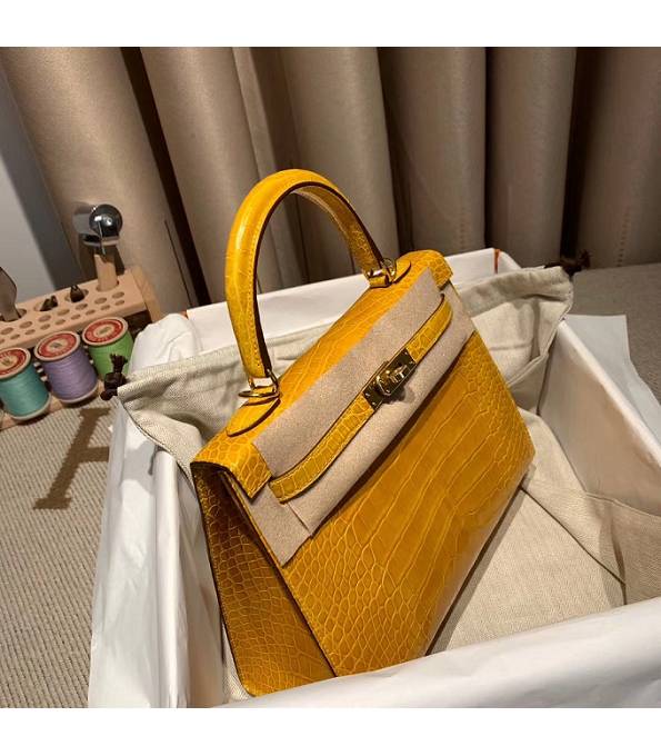 Hermes Birkin 25cm Bag Amber Yellow Real Croc Leather Golden Metal