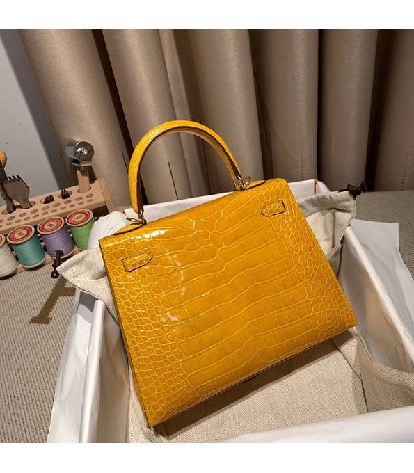 Hermes Birkin 25cm Bag Amber Yellow Real Croc Leather Golden Metal